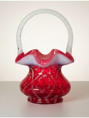 Fenton Glass Cranberry Fern Leaf Opalescent Basket, MINT